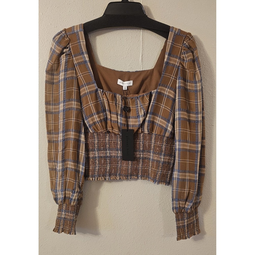 Gianni Bini Faye Size 4 Plaid Smocked Square Neck Long Sleeve Blouse NWT L514